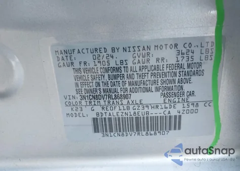 2024 Nissan Versa 1.6 S z USA, uszkodzony, nr VIN 3N1CN8DV7RL868907